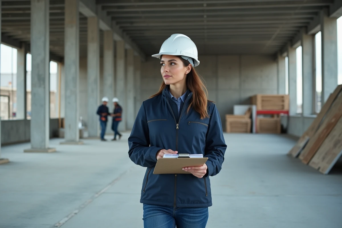 Coordinatrice de projet BTP supervisant un chantier intérieur avec un clipboard de suivi administratif terrain