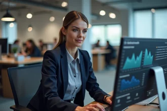 Femme professionnelle analysant le coût d'une publicité Facebook sur un écran d'ordinateur dans un bureau marketing moderne
