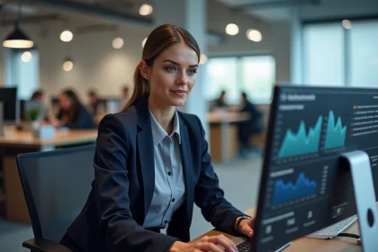 Femme professionnelle analysant le coût d'une publicité Facebook sur un écran d'ordinateur dans un bureau marketing moderne