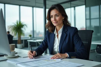 Femme d'affaires professionnelle signant des documents juridiques pour créer une société de recouvrement