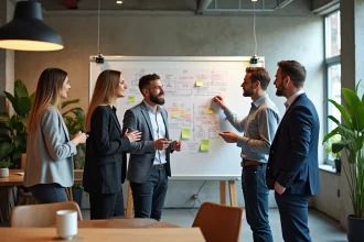 Équipe de professionnels collaborant autour d'un tableau blanc dans un bureau moderne, illustrant la culture organisationnelle participative