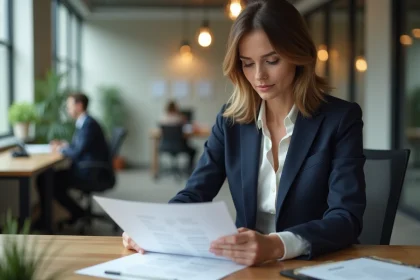 Femme tenant une lettre de demande de rupture conventionnelle dans un bureau moderne, expression concentrée et professionnelle