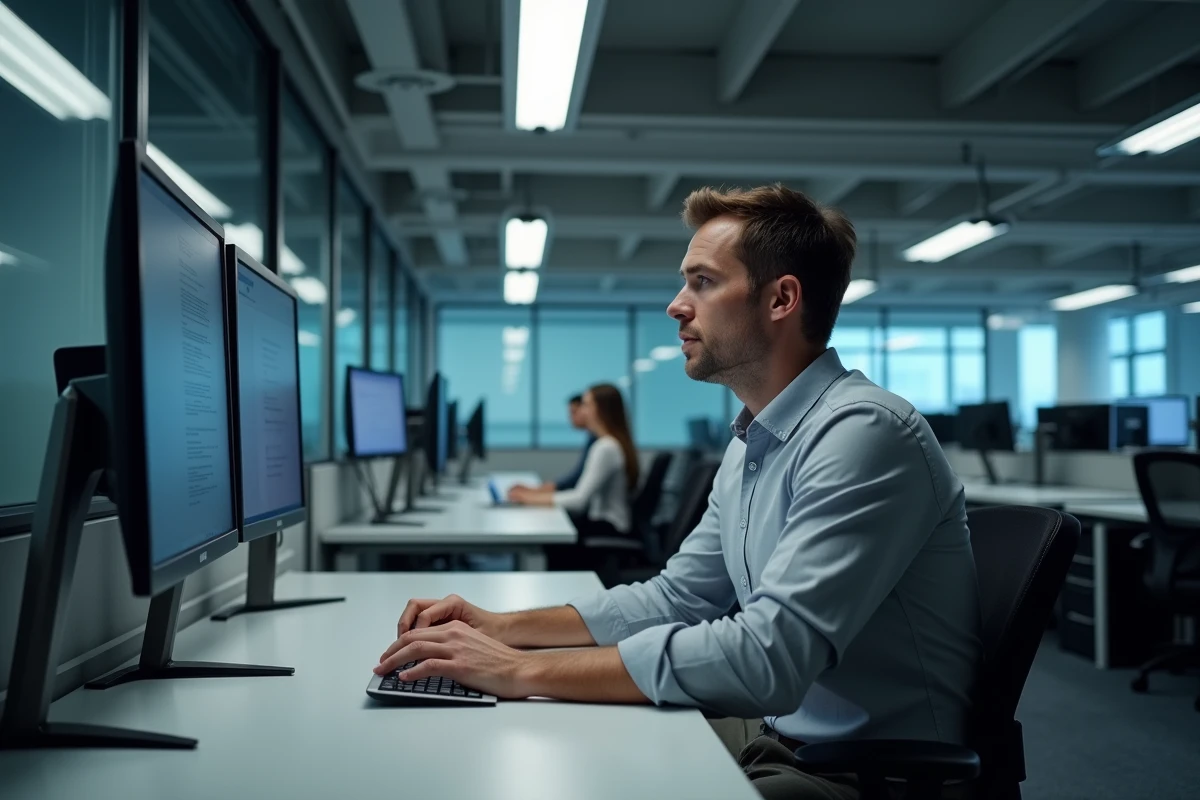 Homme seul dans un bureau d'open space vide le soir, hésitant à envoyer un email professionnel depuis son poste de travail