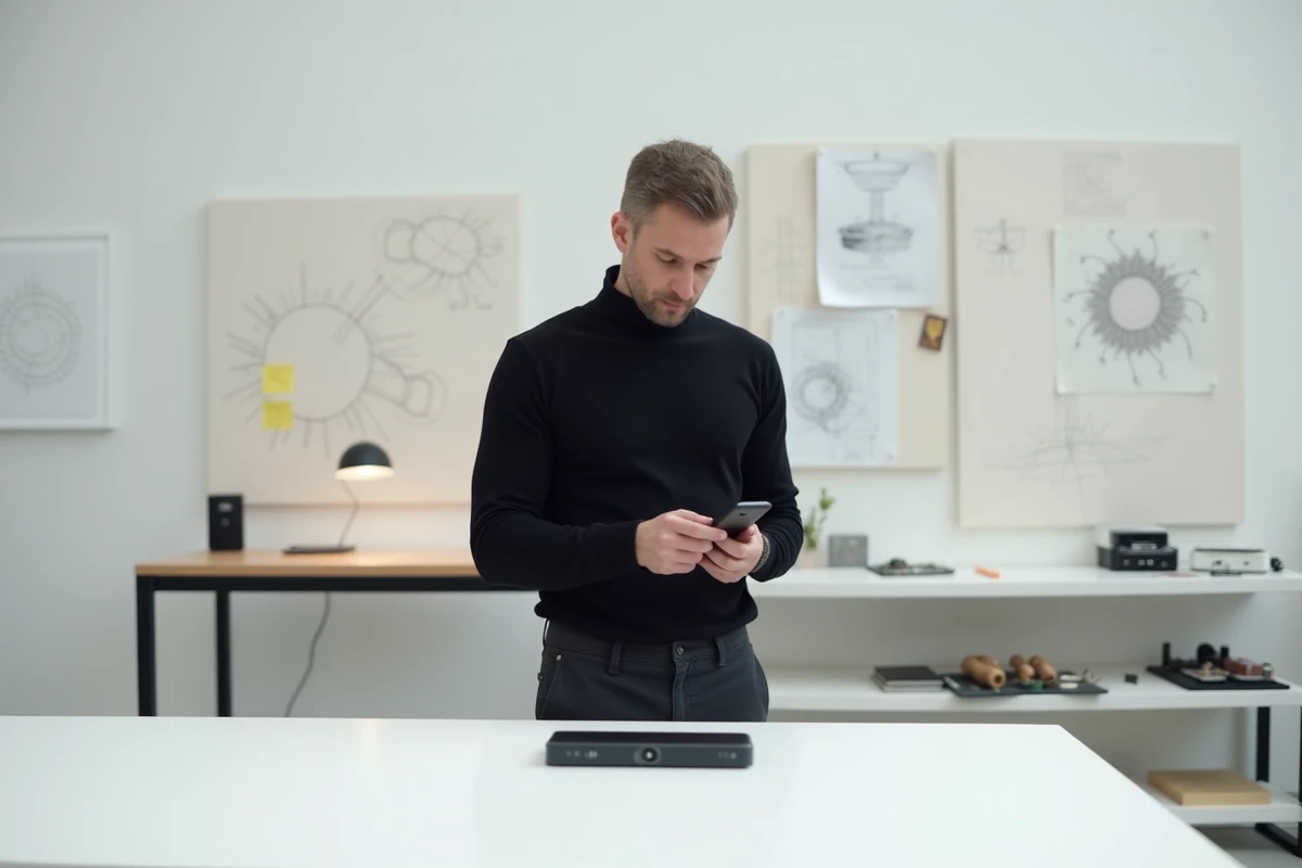 Designer en turtleneck noir examinant un prototype dans un studio de conception minimaliste, évoquant la culture d'innovation d'Apple