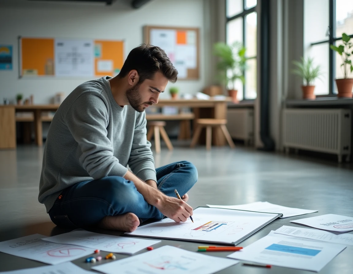 Designer créatif travaillant sur des logos et des dépôts de marque dans un studio moderne
