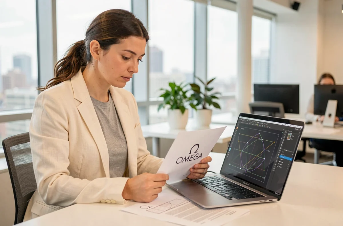 Designeuse analysant les courbes vectorielles du symbole Omega sur laptop et documents imprimés dans un espace de coworking