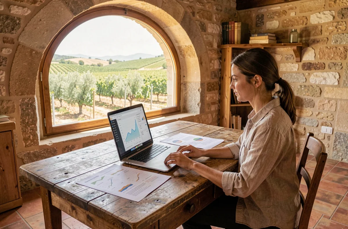Professionnelle de Digital Marketing Espéraza travaillant sur une stratégie de contenu SEO depuis un bureau en pierre typique du village d'Espéraza dans l'Aude
