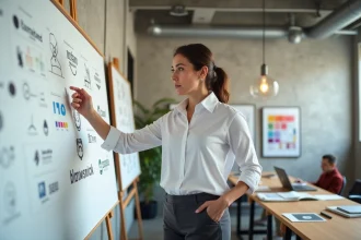 Directrice artistique devant un tableau blanc avec des esquisses d'identité visuelle dans un studio de branding moderne