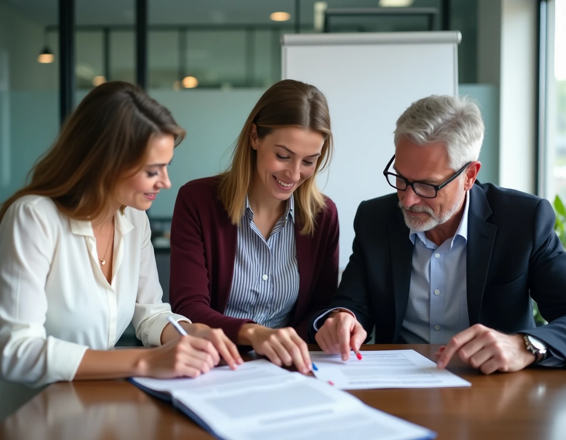 Des collègues discutent d'un contrat de travail avec les ressources humaines dans une salle de réunion d'entreprise