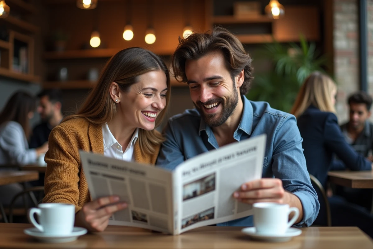 Deux jeunes entrepreneurs discutant d'un article de magazine business dans un café pour décider de se lancer en 2026
