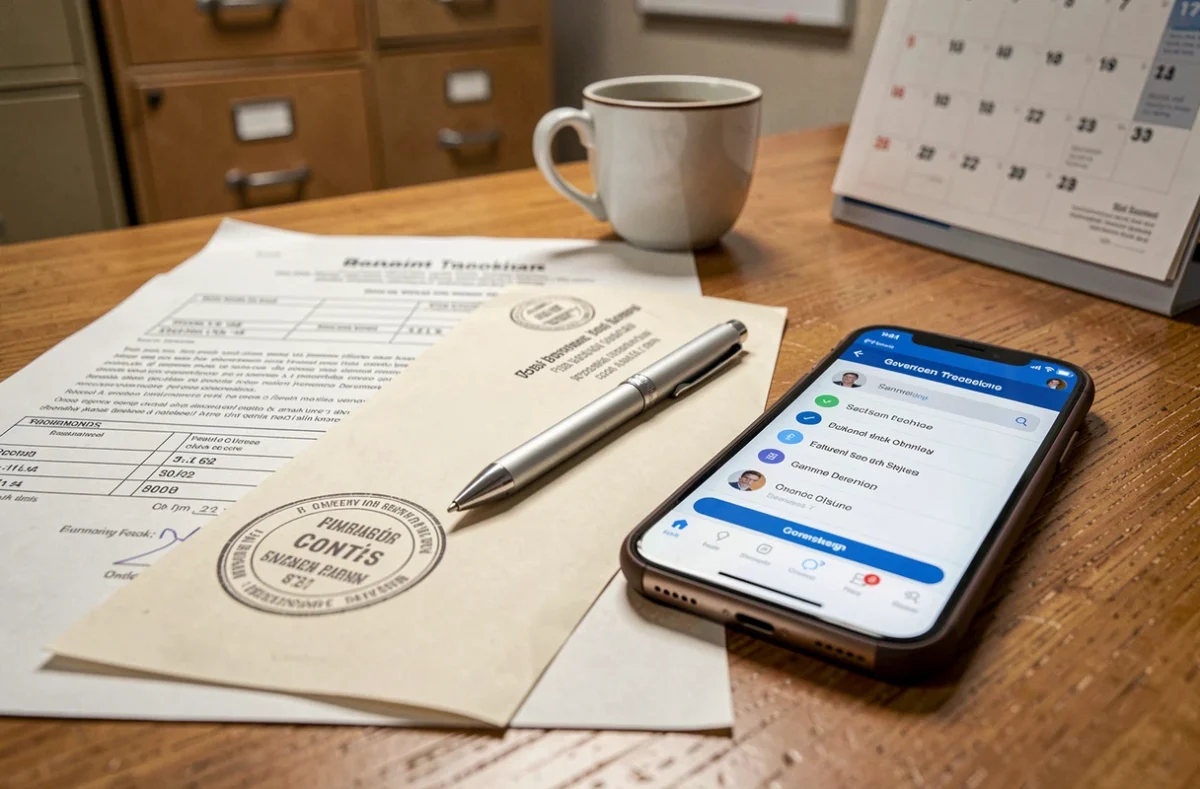 Bureau avec documents administratifs et téléphone affichant un suivi de dossier en ligne CNPAS