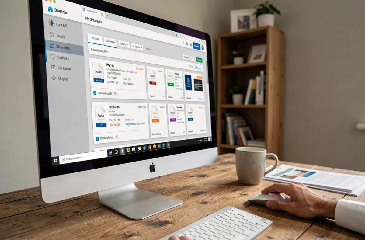 Écran d'ordinateur affichant une liste de bulletins de paie téléchargeables sur un logiciel RH
