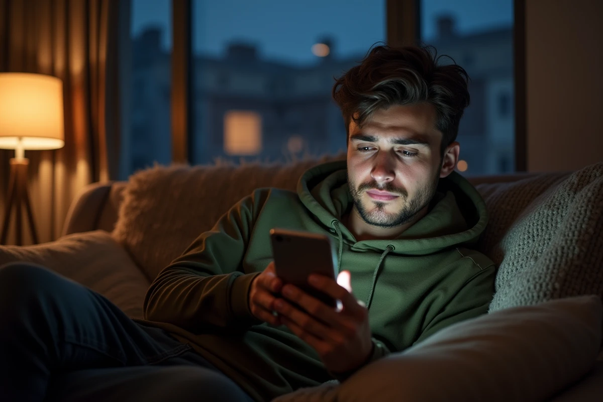 Jeune professionnel allongé sur un canapé la nuit, regardant son smartphone avec une email professionnel en cours de rédaction