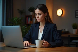 Femme professionnelle hésitant à envoyer un email tard le soir devant son ordinateur portable, avec une horloge murale affichant 22h47