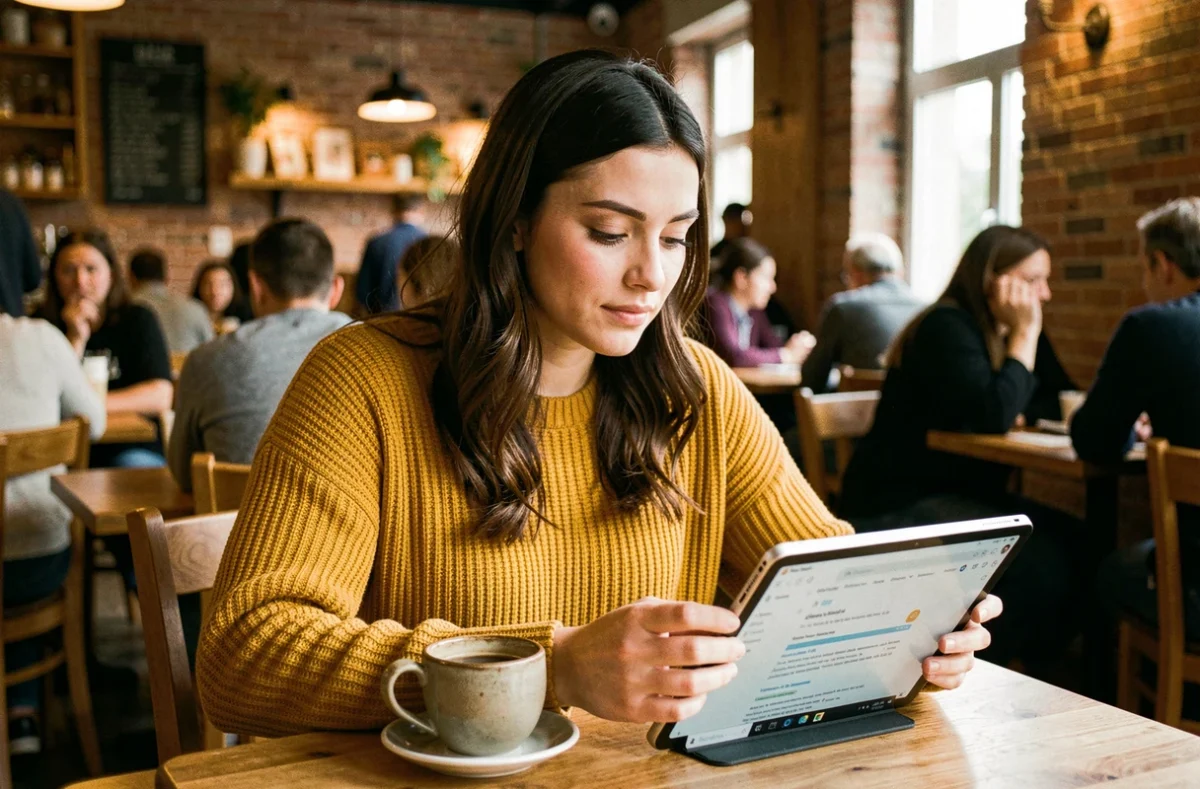 Jeune femme envoyant un email au service client UPS depuis une tablette dans un café