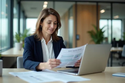 Employée consultant ses avantages salariés CSE et BNP Paribas Arval dans un bureau moderne