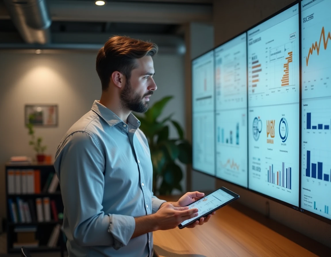 Employé comptable debout à son bureau tenant une tablette avec un logiciel de comptabilité cloud, face à un écran mural de tableaux de bord, symbolisant la digitalisation des processus comptables en entreprise