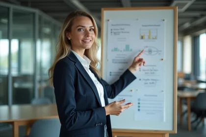 Femme professionnelle talentueuse présentant ses idées dans un bureau moderne