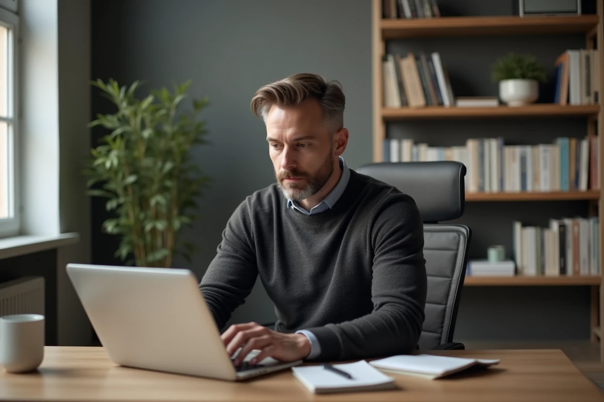 Homme concentré travaillant sur un ordinateur portable dans un bureau à domicile épuré