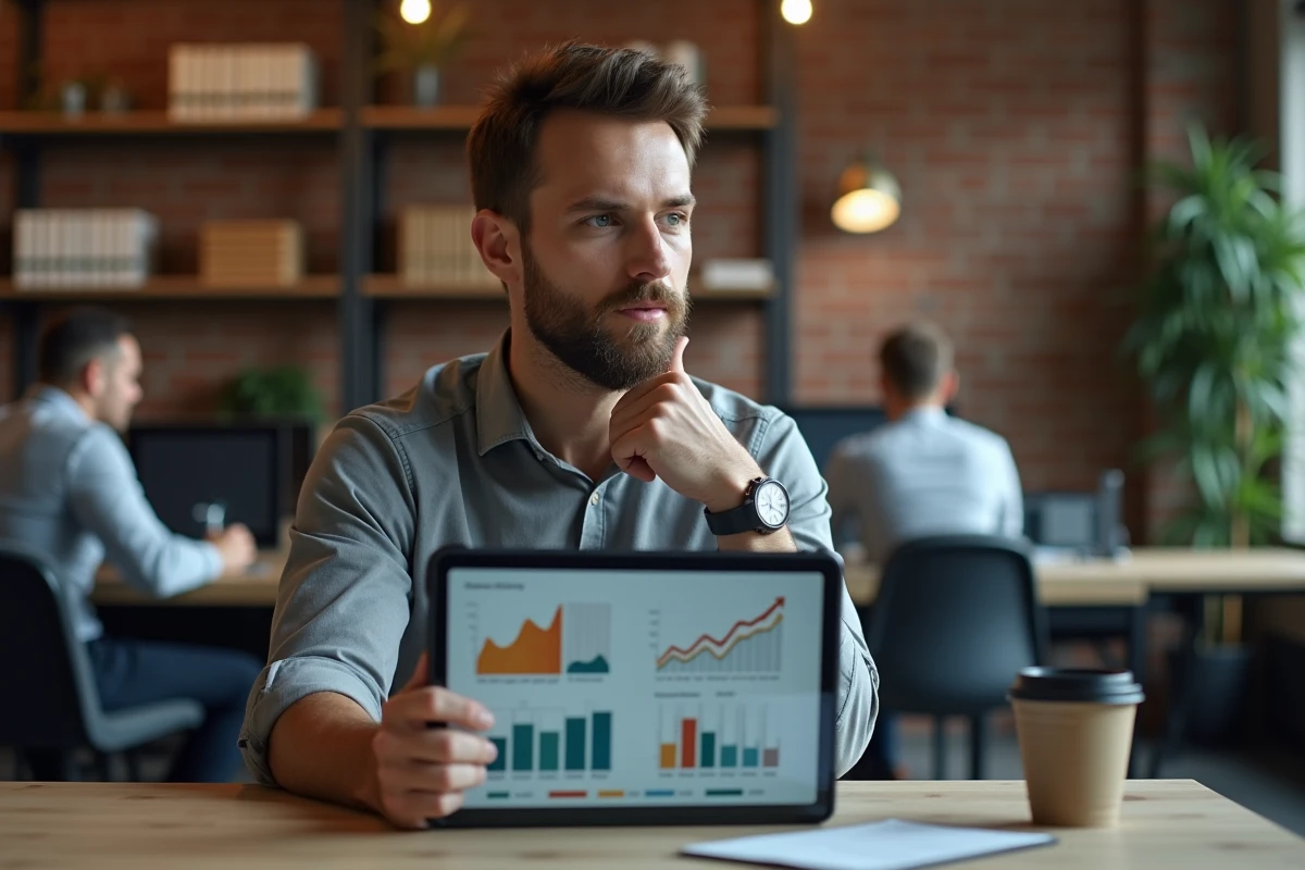 Entrepreneur analysant des graphiques de parts de marché sur tablette dans un espace de coworking moderne