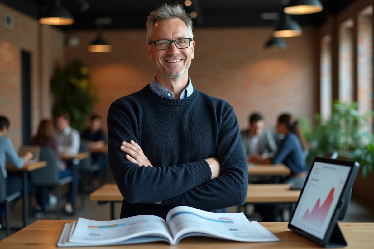 Entrepreneur masculin consultant un magazine business dans un espace de co-working moderne
