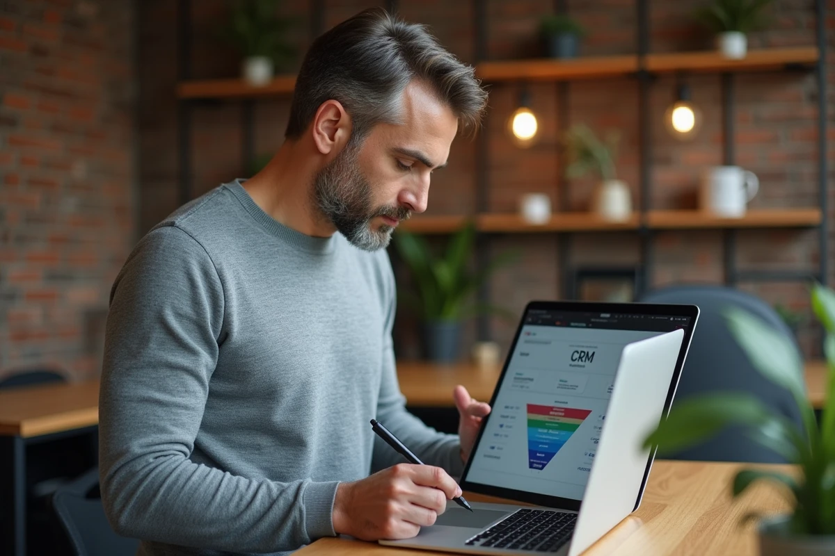 Entrepreneur masculin utilisant un logiciel CRM sur ordinateur portable et tablette dans un espace de coworking moderne