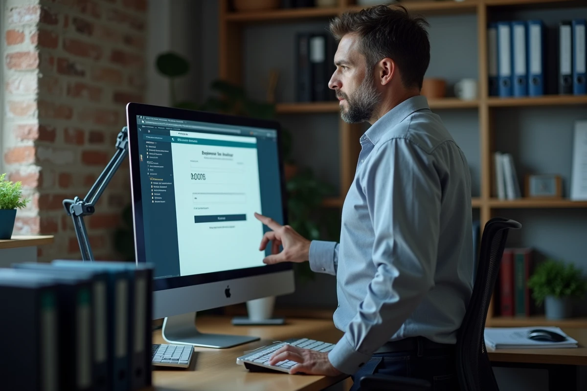 Entrepreneur masculin recherchant un numéro SIREN sur un site officiel depuis son bureau à domicile