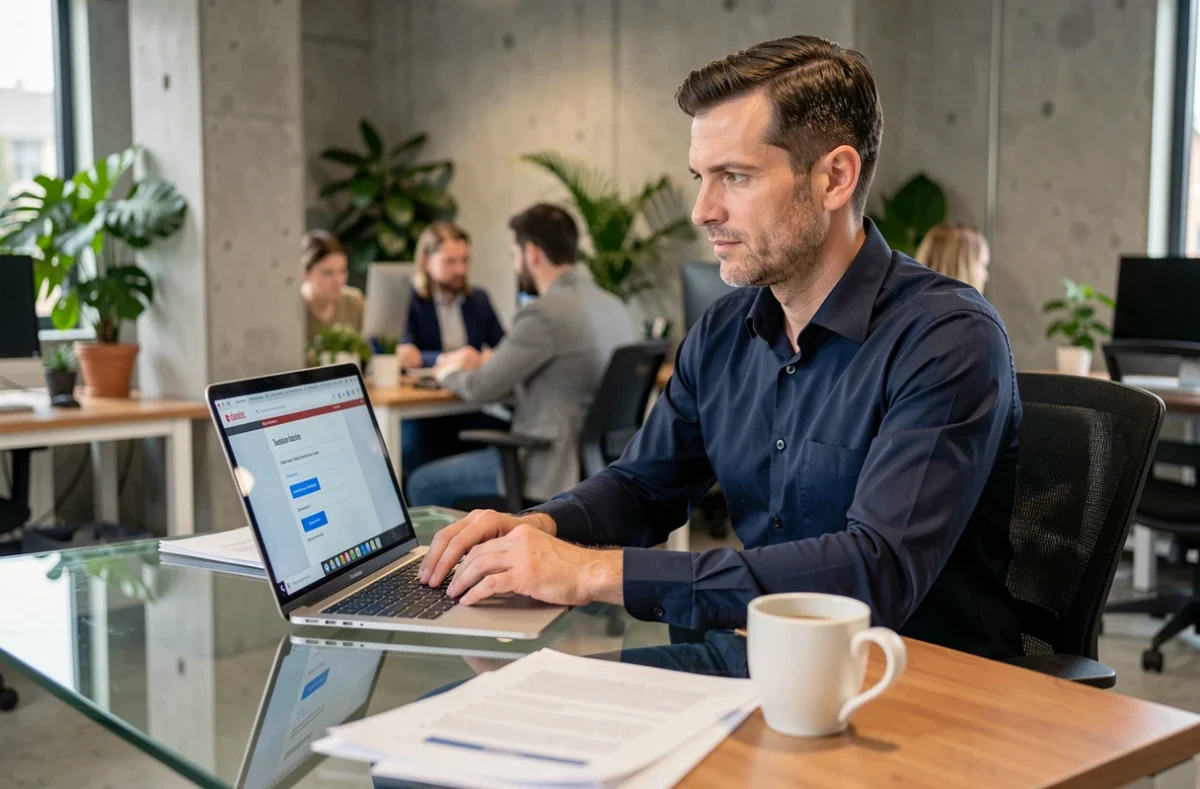 Entrepreneur masculin effectuant une résiliation d'abonnement en ligne sur son ordinateur portable au bureau