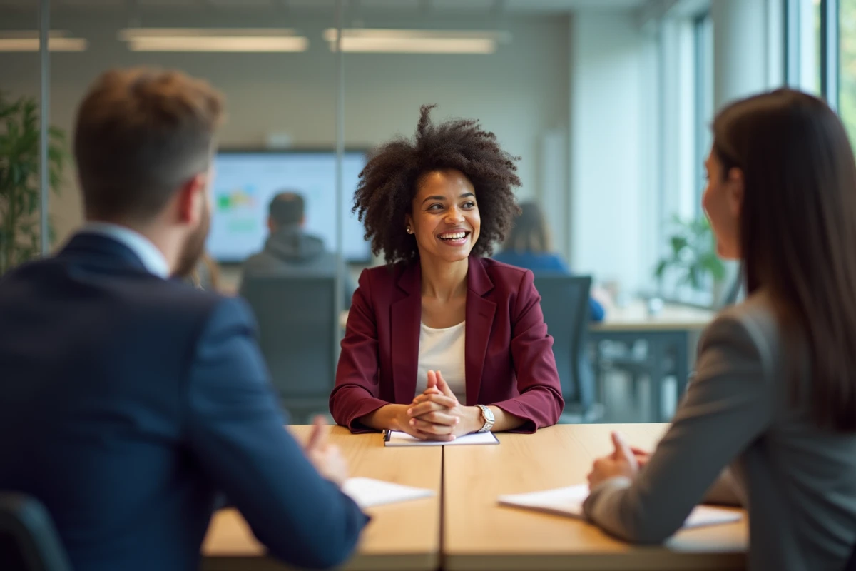 Candidate souriante en blazer bordeaux lors d'un entretien avec deux recruteurs autour d'une table de conférence