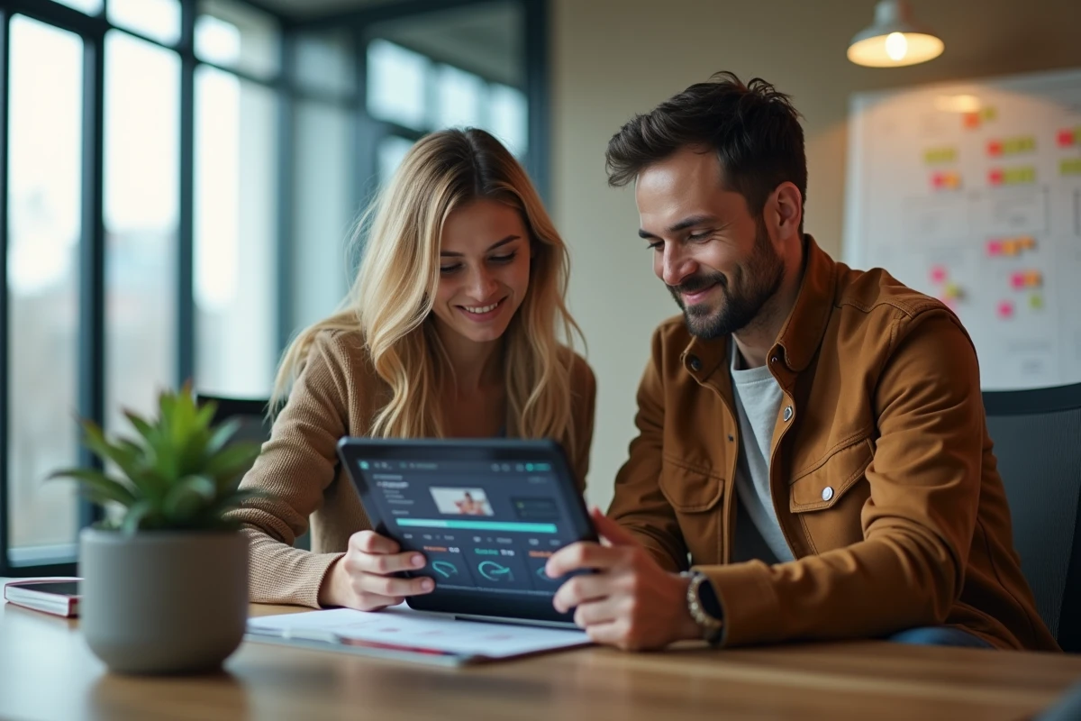 Équipe créative en agence discutant de la durée optimale d'une publicité Facebook sur tablette