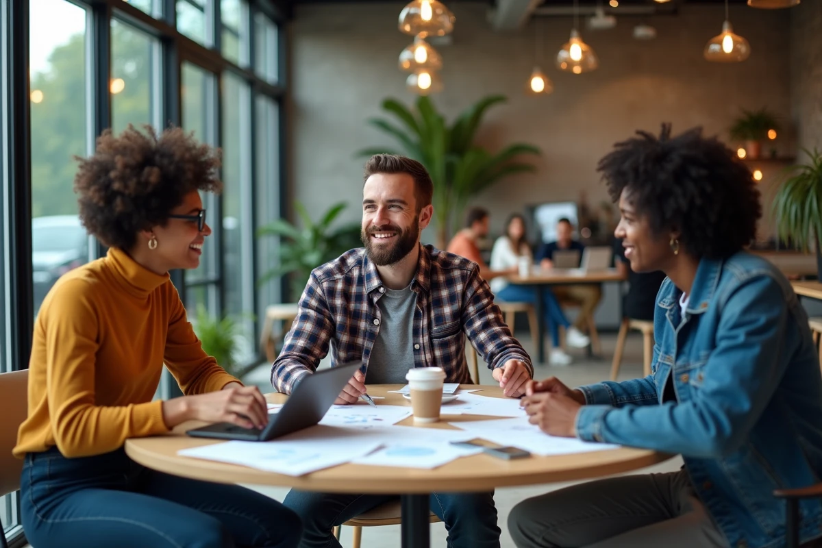 Équipe diverse réunie autour d'une table dans un espace de coworking moderne, collaborant sur des idées innovantes avec tablette et documents imprimés