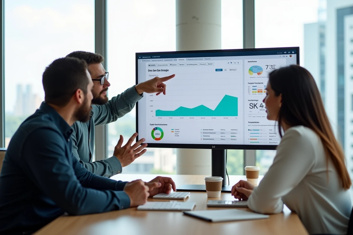 Une équipe de professionnels collaborant autour d'une plateforme SEO dans un espace de co-working moderne avec vue urbaine