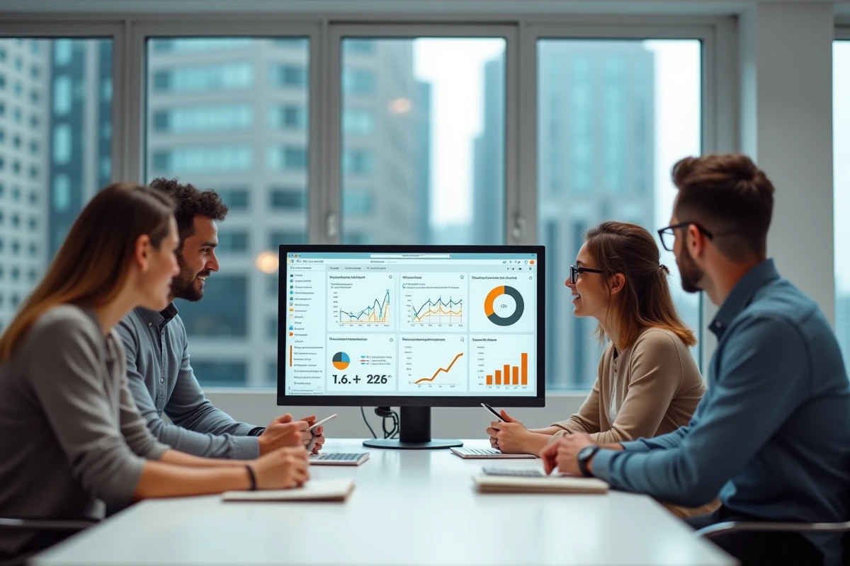 Équipe d'influenceurs et de marketeurs analysant les performances d'une campagne sur les réseaux sociaux dans une agence moderne