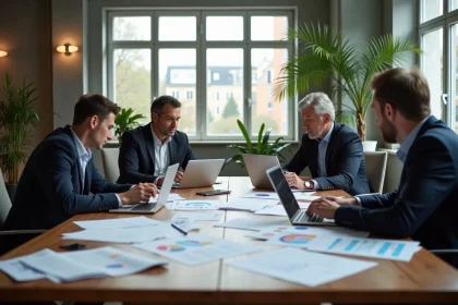 Équipe de professionnels en réunion autour d'une table de conférence discutant d'un projet CNR avec des documents et ordinateurs portables