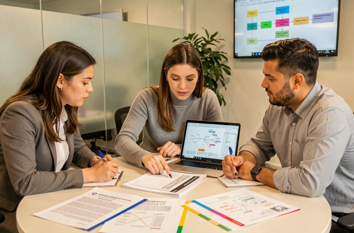 Équipe de responsables QSE en réunion autour d'un rapport d'analyse d'incident structuré avec diagramme en arêtes de poisson sur ordinateur portable dans un bureau moderne