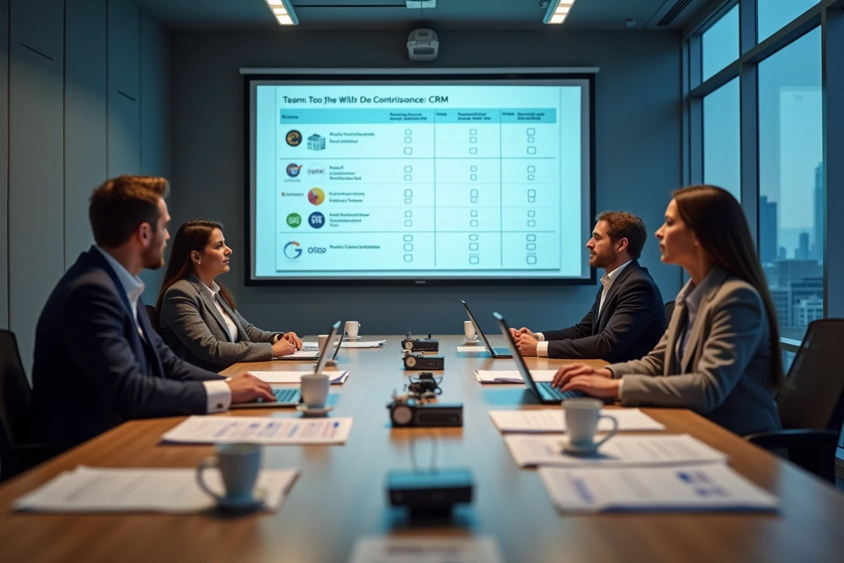 Équipe professionnelle en réunion comparant les solutions CRM leaders du marché dans une salle de conférence vitrée
