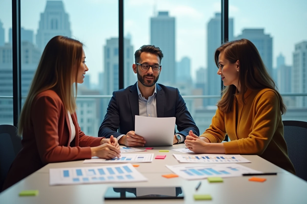Équipe marketing en réunion autour d'une table discutant d'un plan marketing stratégique