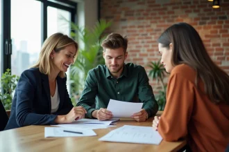 Équipe de professionnels diversifiés discutant des 3 P de la RSE autour d'une table de réunion en bois dans un bureau moderne