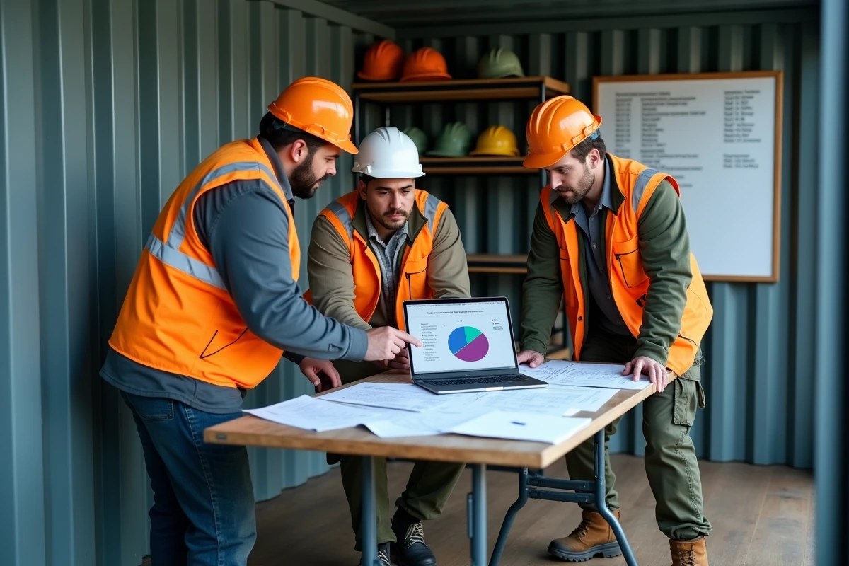Équipe de travailleurs BTP en réunion de chantier autour d'un planning et d'un logiciel de gestion de travaux