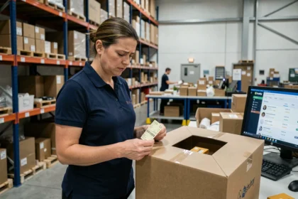 Responsable logistique e-commerce frustrée devant un colis surdimensionné dans un entrepôt Shopify désorganisé, illustrant les erreurs de packaging qui impactent les marges