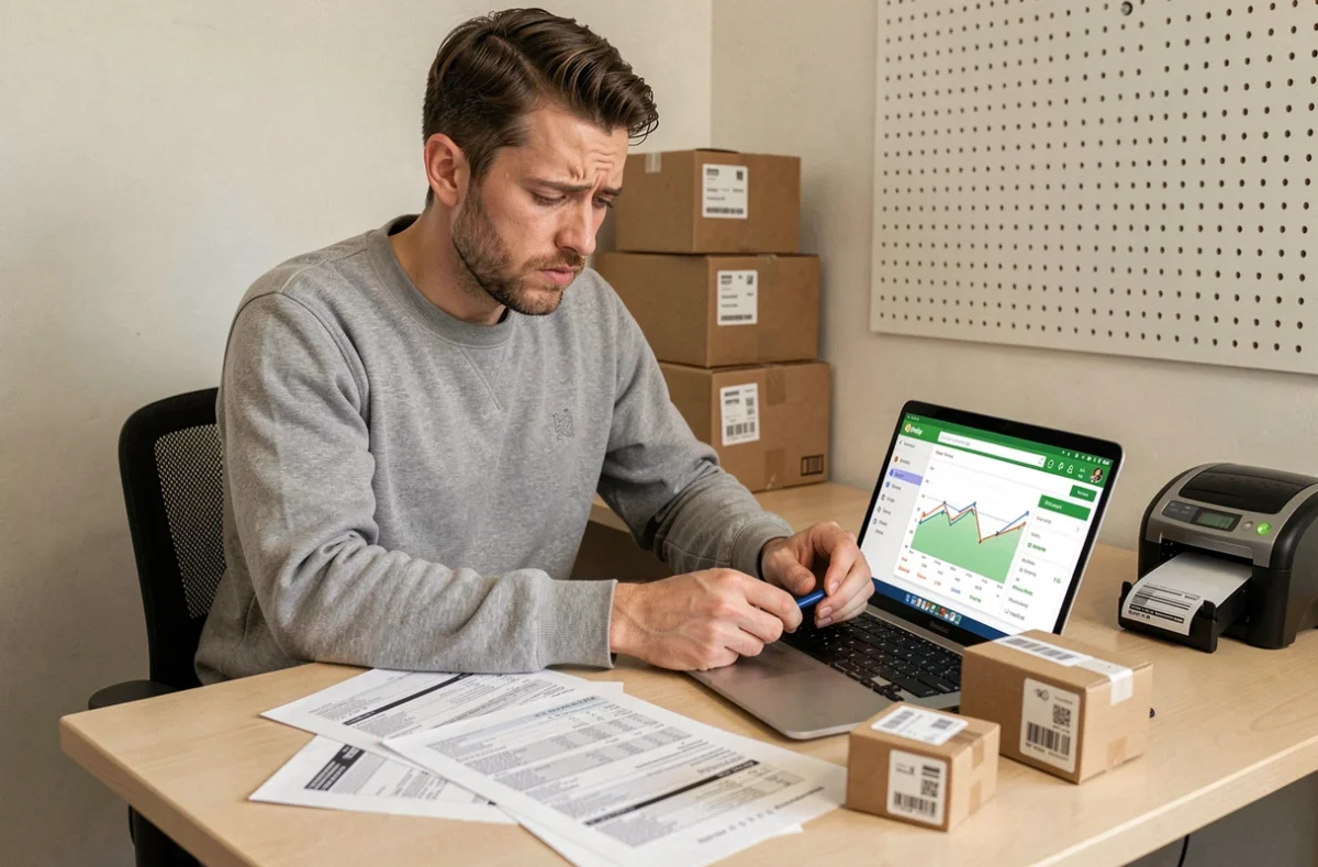 Entrepreneur e-commerce stressé analysant des erreurs de coûts logistiques Shopify depuis son bureau avec factures et colis de retour