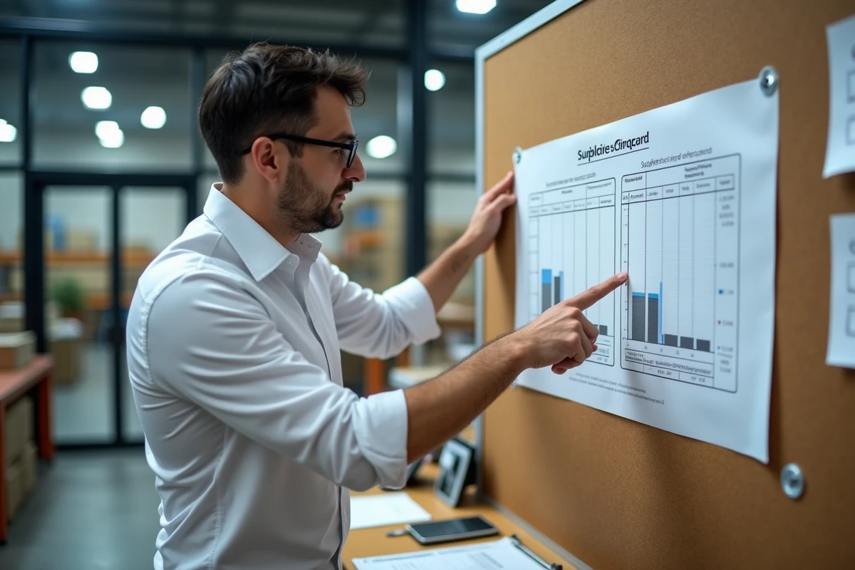 Manager logistique évaluant un tableau de bord fournisseur affiché dans un entrepôt d'entreprise