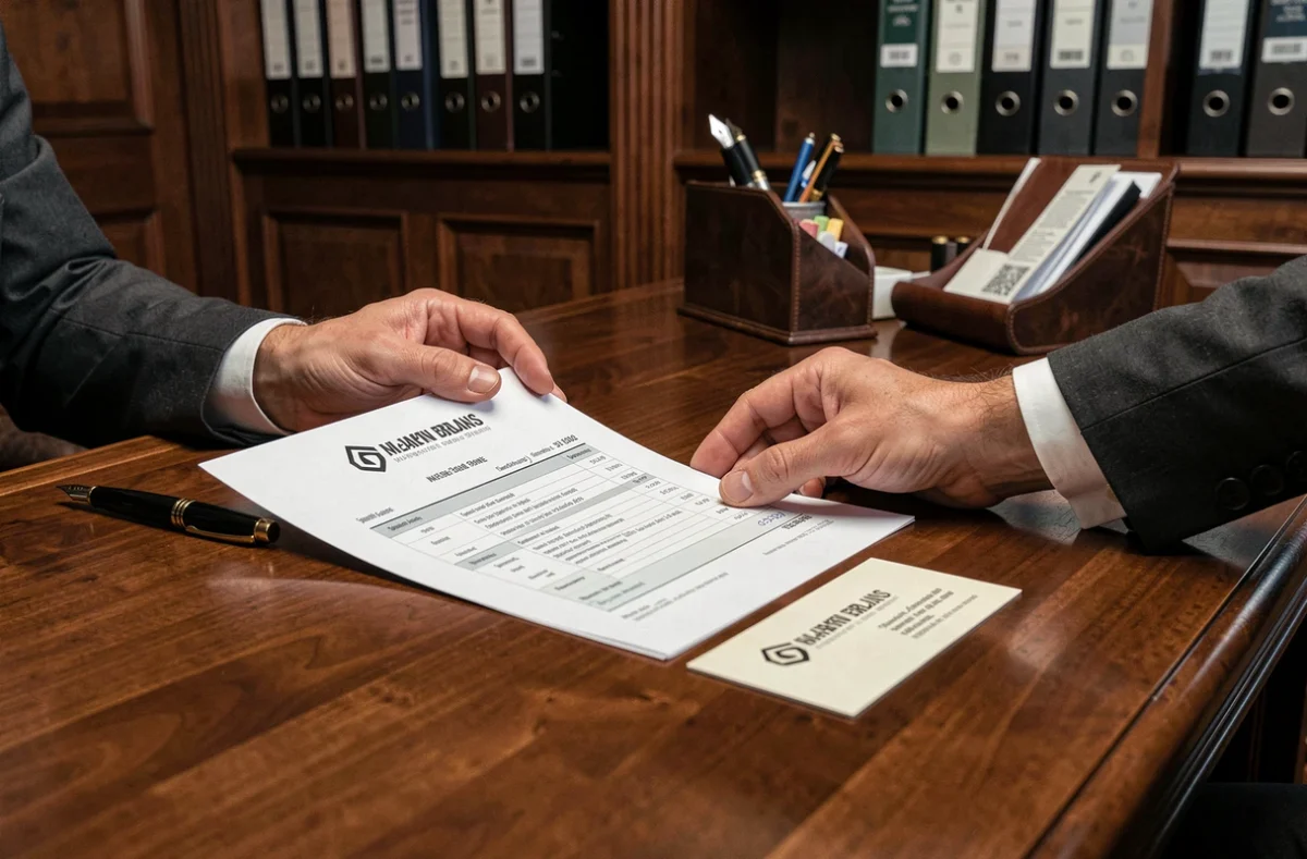 Mains d'un cadre déposant une facture professionnelle simplifiée sur une table de réunion en bois
