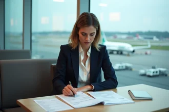 Femme d'affaires en transit à l'aéroport révisant des documents de justification de voyage professionnel