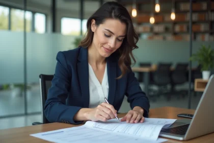 Femme professionnelle consultant un avis officiel du répertoire Sirene dans un bureau moderne