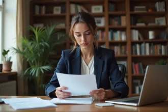 Femme consultant un document officiel pour trouver son numéro CIP à son bureau à domicile