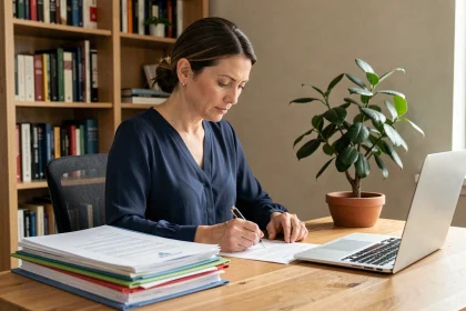 Femme consultant un dossier administratif sur son bureau à domicile pour suivre un traitement CNPAS