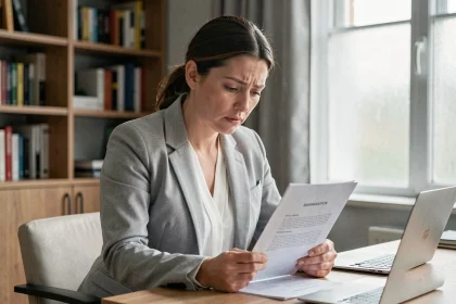 Femme entrepreneur lisant attentivement un contrat d'abonnement avant résiliation à son bureau