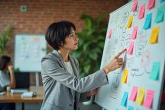 Femme professionnelle devant un tableau blanc couvert de notes colorées dans un bureau moderne, illustrant l'innovation au travail