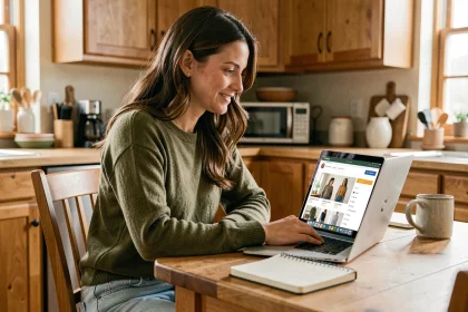 Femme parcourant une liste de marques sur un site web depuis son ordinateur portable à la maison